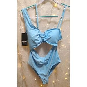 QINSEN WOMANS NEW XL BABY BLUE ONE PIECE SWIMSUIT PADDED BACKLESS ROUCHED CHEEKY